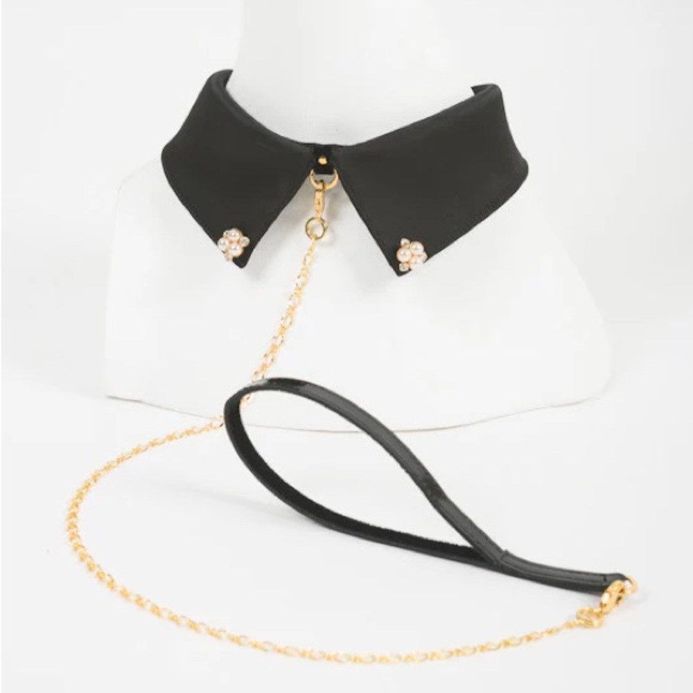 NWT Fräulein Kink Noir Black Satin Velvet Collar O-Ring Lead Chain Set BDSM Kink